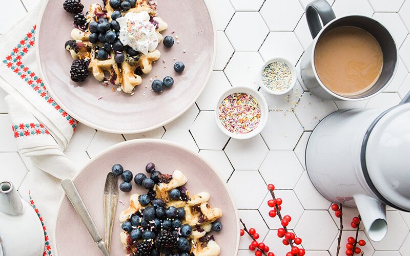 Sunday brunch with waffle and tea.